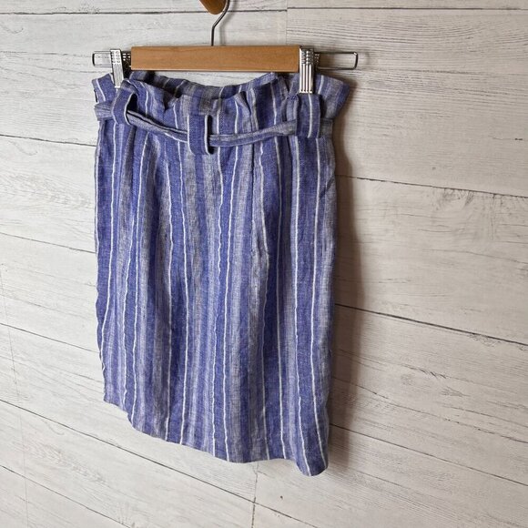 H&M Skirt Size Large Blue & White Linen Blend Striped Faux Buttons Belted Mini - Picture 15 of 16